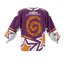 Un maillot de hockey violet avec des étoiles orange et un grand motif en spirale orange sur le devant.